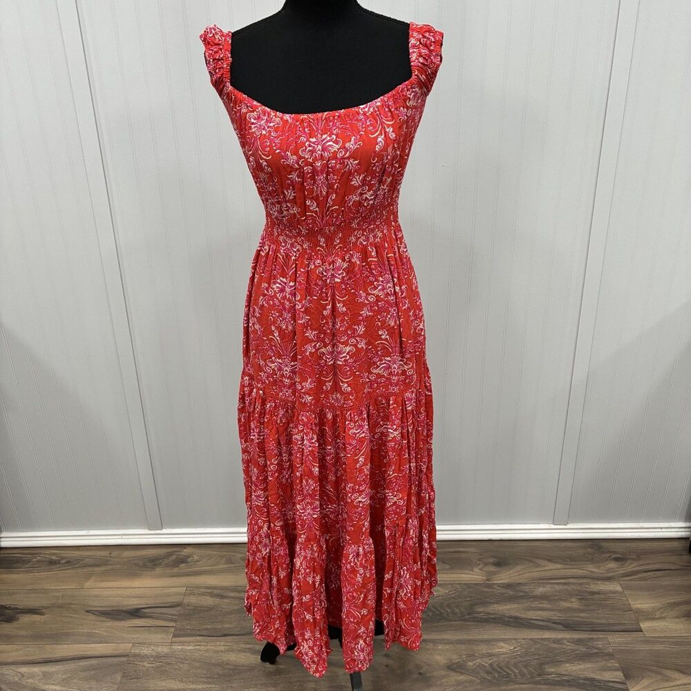 Abel the Label Women's XS Red Floral Off-The-Shoulder Tiered Maxi Dress Boho